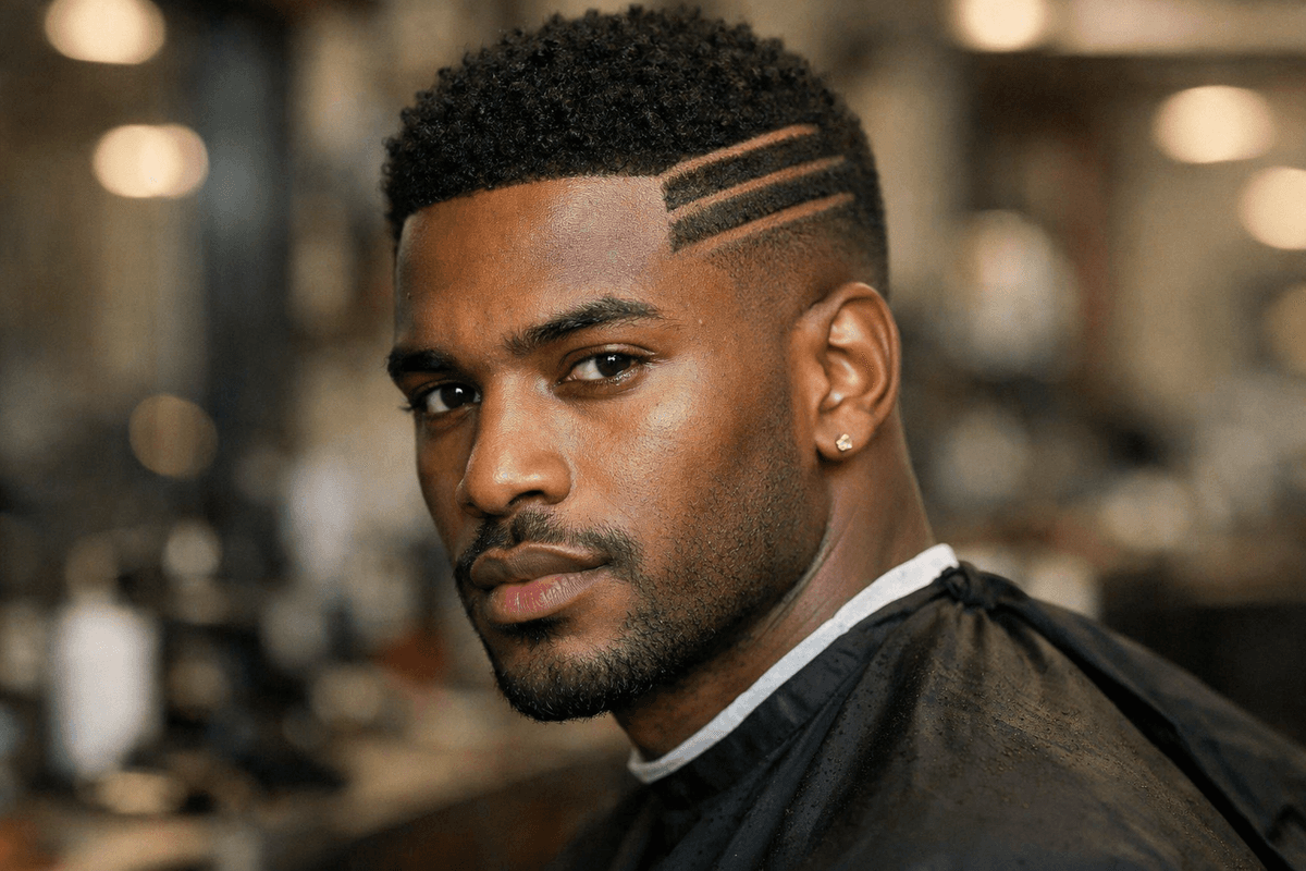 Buzz cut com risco lateral triplo criando contraste geométrico em cabelo uniformemente curto