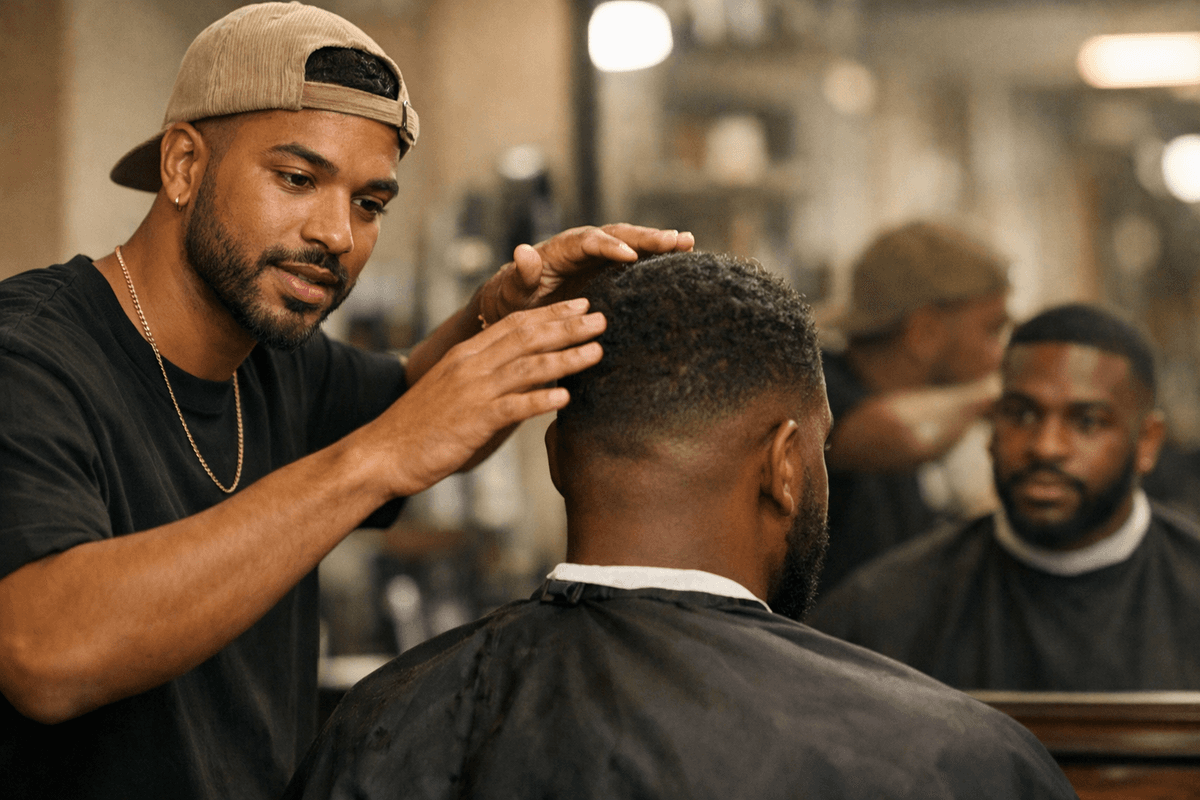Barbeiro explicando direção do penteado e posicionamento do risco a cliente no espelho