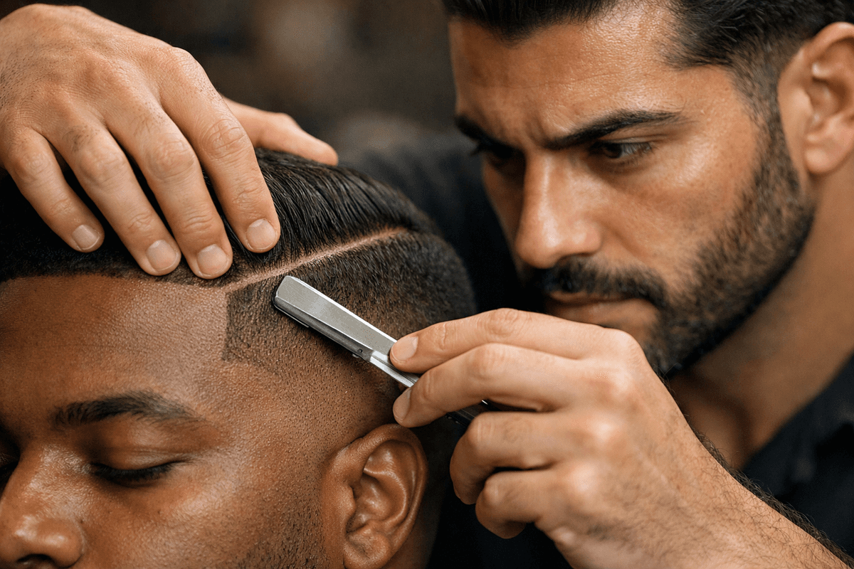 Barbeiro executando risco lateral com navalha em corte degradê de cliente