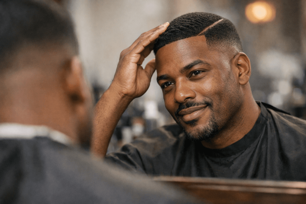 Homem satisfeito observando resultado final de corte com risco no espelho de barbearia