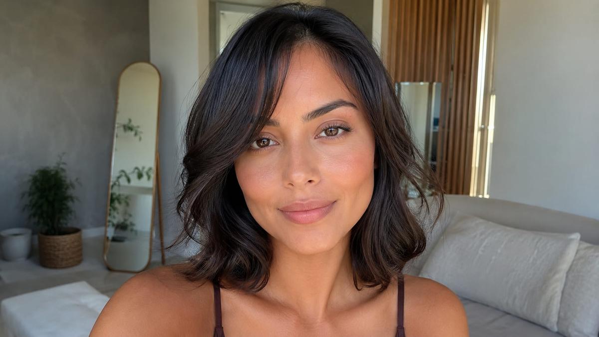Mulher com rosto losango e cabelo escuro na altura dos ombros e ondas naturais sorri suavemente.