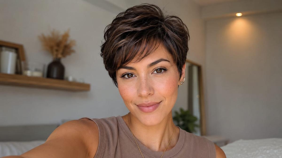 Mulher sorridente exibe resultado de corte de cabelo estilo pixie curto e moderno com franja.