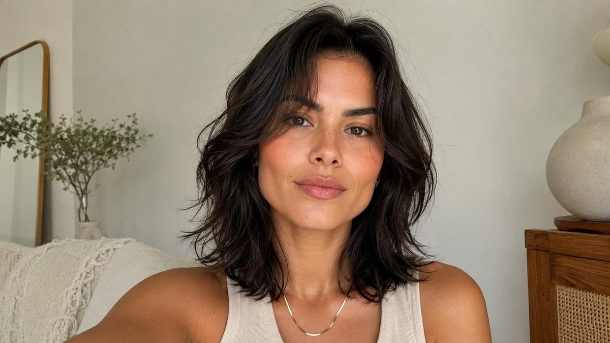 Mulher com rosto quadrado e corte de cabelo estilo shag hair médio em camadas posa olhando para a câmera.