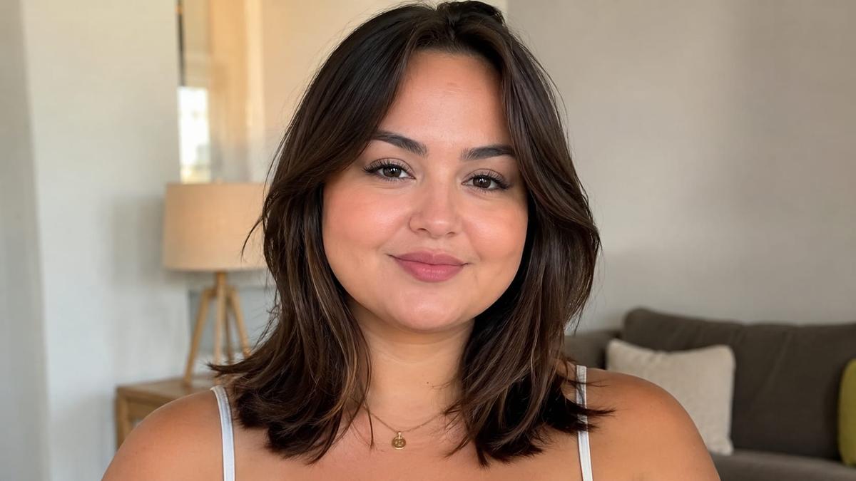 Mulher com rosto redondo e cabelo médio repicado e franja cortina sorri em foto estilo selfie na sala.