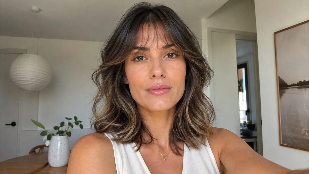 Mulher com rosto retangular e corte de cabelo médio repicado e franja desfiada em close, vestindo blusa branca.