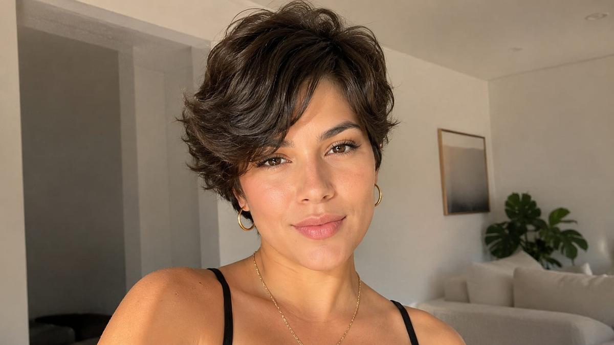 Mulher com rosto triangular e corte de cabelo curto volumoso e brincos de argola dourados sorrindo em close.