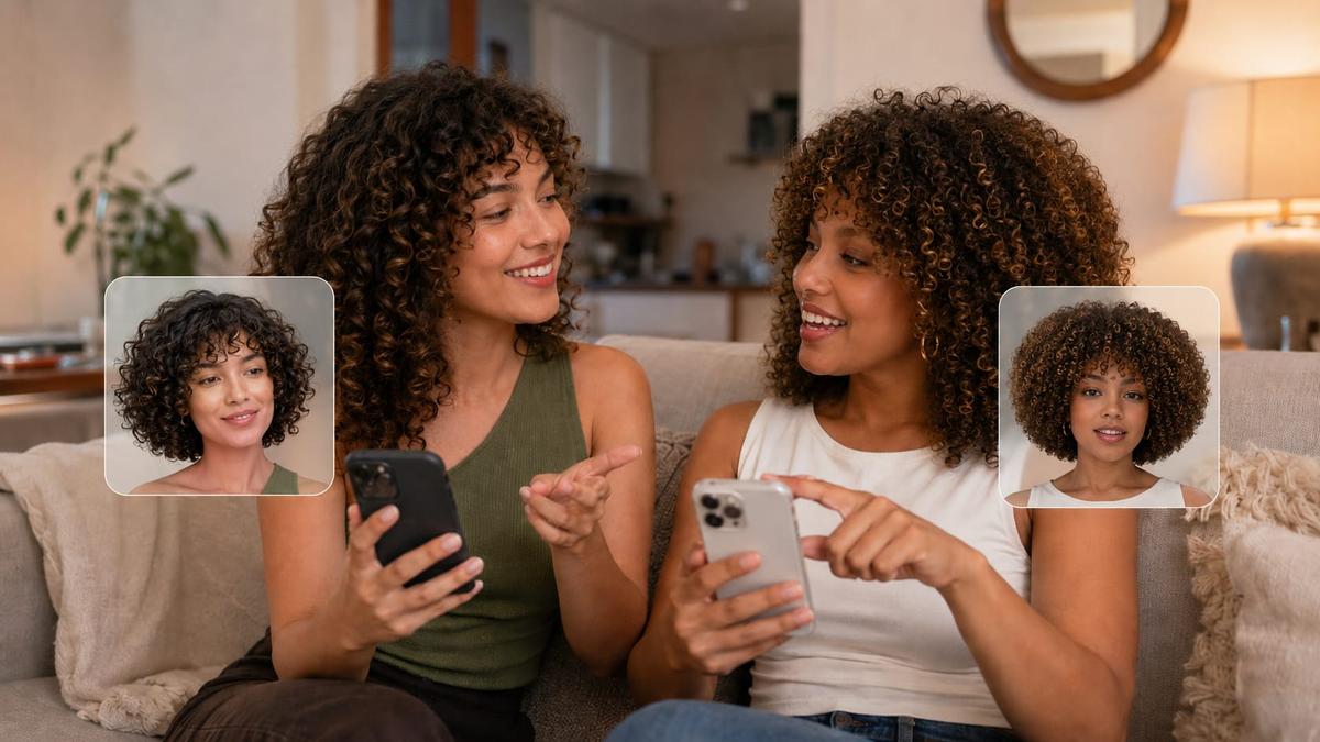 Duas mulheres, uma com cabelo cacheado e a outra crespo, elas olham celulares com o resultado do simulador de corte de cabelo feminino