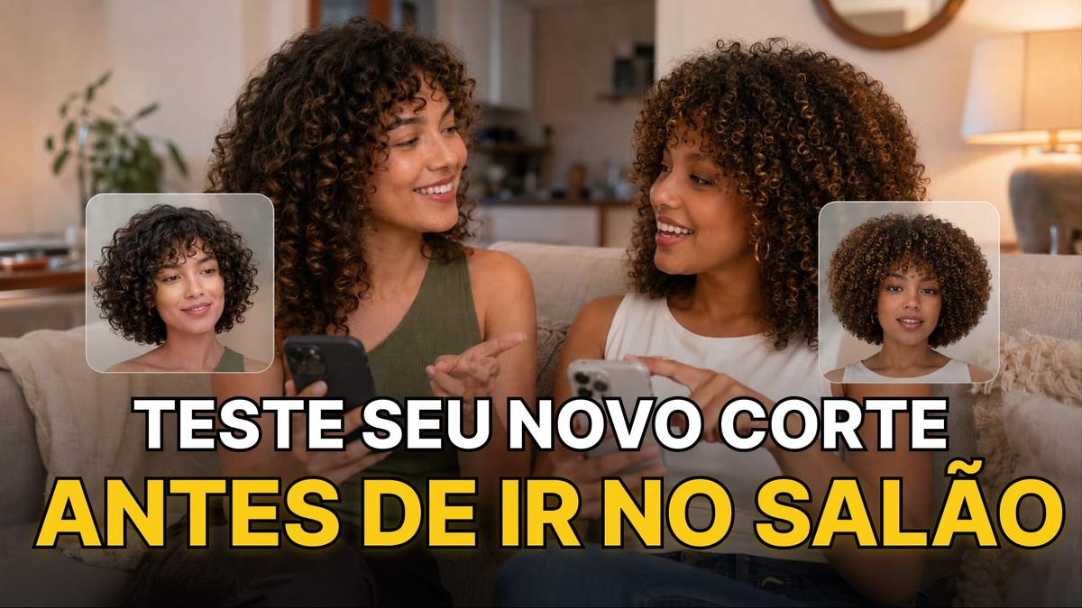 Duas mulheres com celulares. Texto: Teste seu novo corte antes de ir no salão, usando simulador de corte de cabelo feminino.