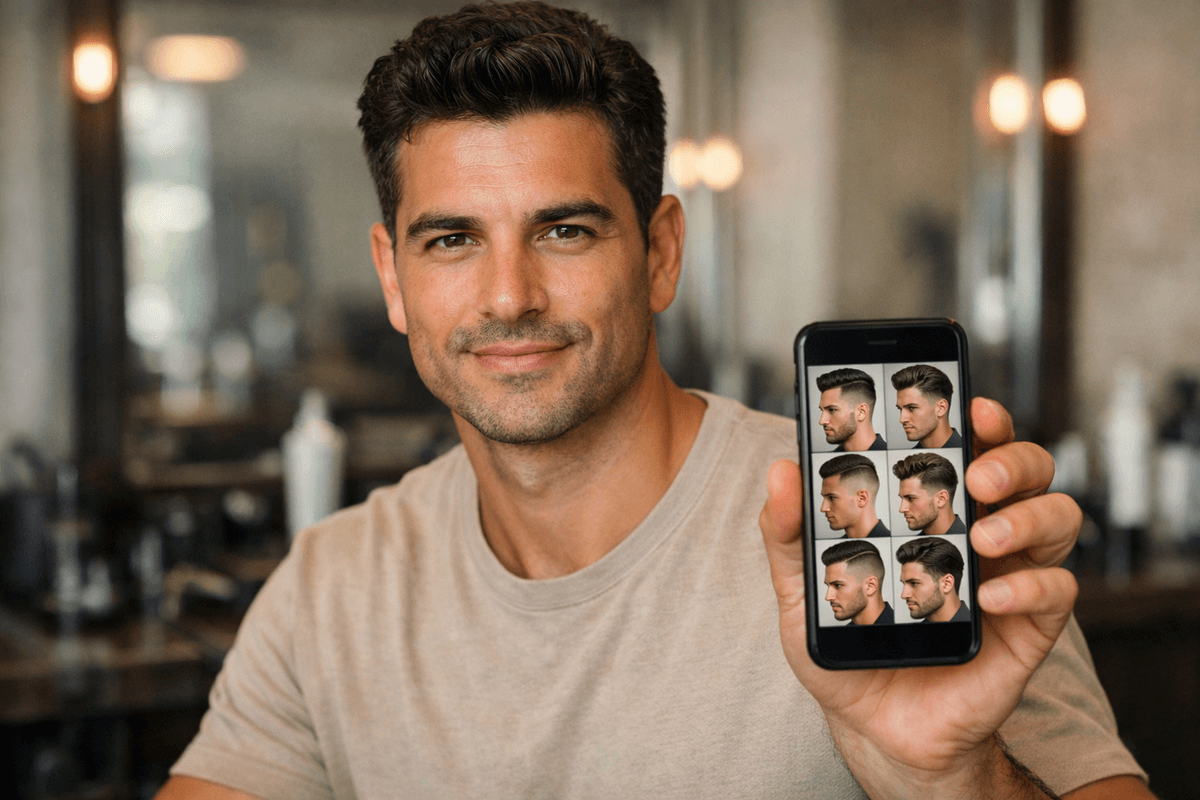 Homem visualizando diferentes estilos de corte masculino em tela de celular