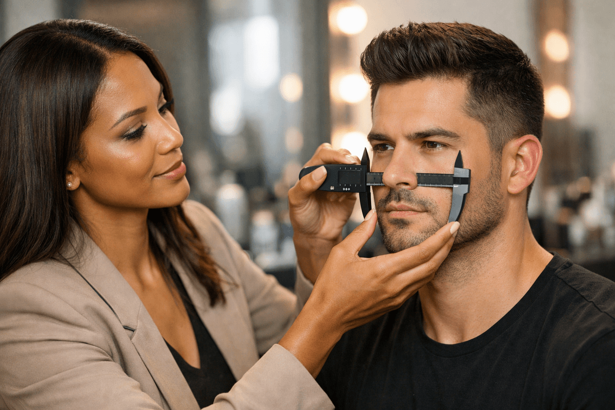 Profissional de visagismo medindo proporções faciais de cliente masculino