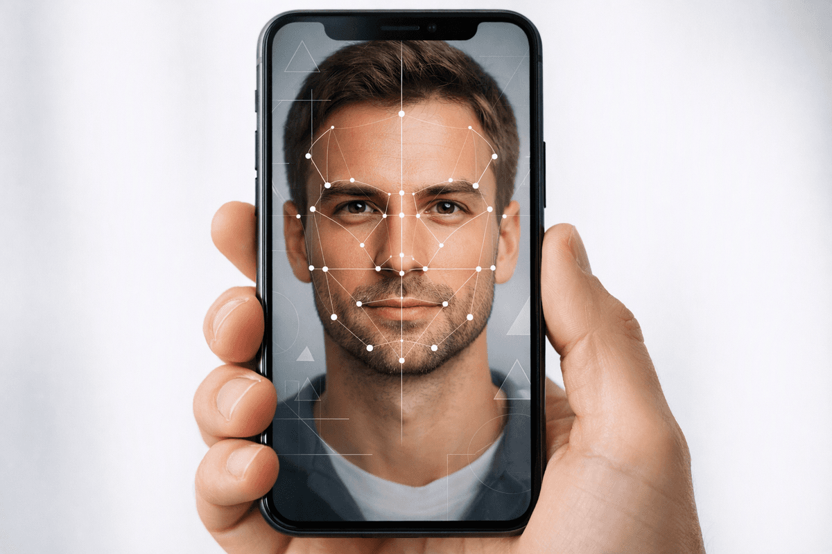 Tela de celular mostrando resultado de análise facial com pontos biométricos marcados