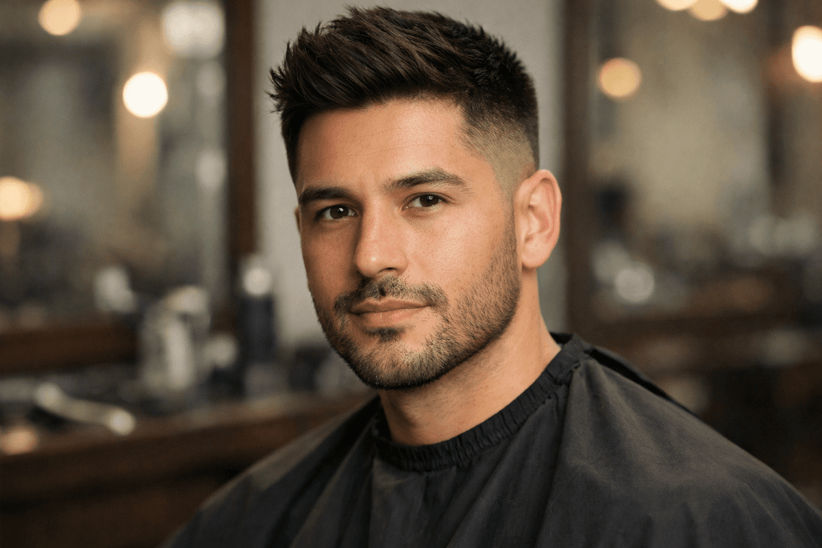 Corte degradê moderno em homem com rosto oval e barba aparada