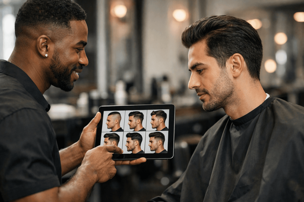 Barbeiro mostrando simulações de diferentes estilos para cliente