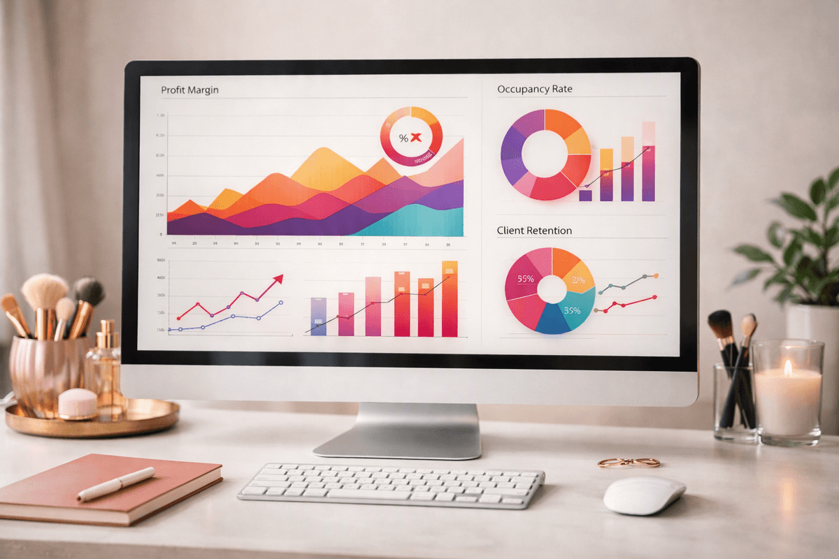 Dashboard de sistema de gestão mostrando gráficos de margem de lucro, taxa de ocupação e retenção de clientes