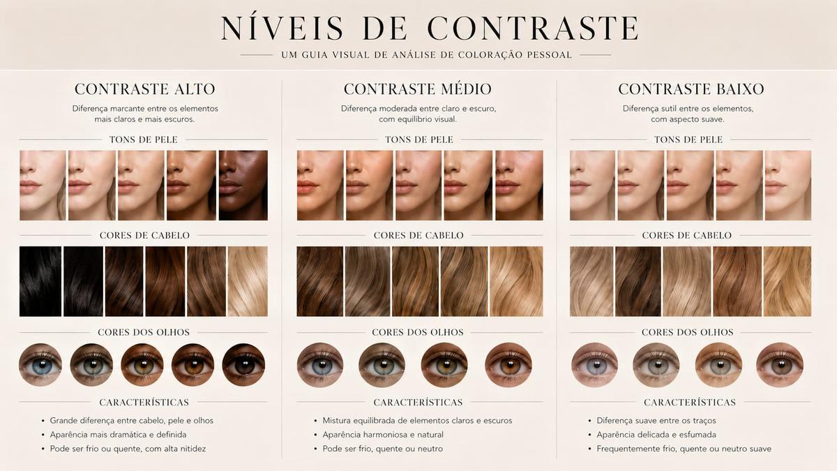 Contraste pessoal: infográfico de coloração com níveis alto, médio e baixo. Texto: Níveis de Contraste e Guia Visual.