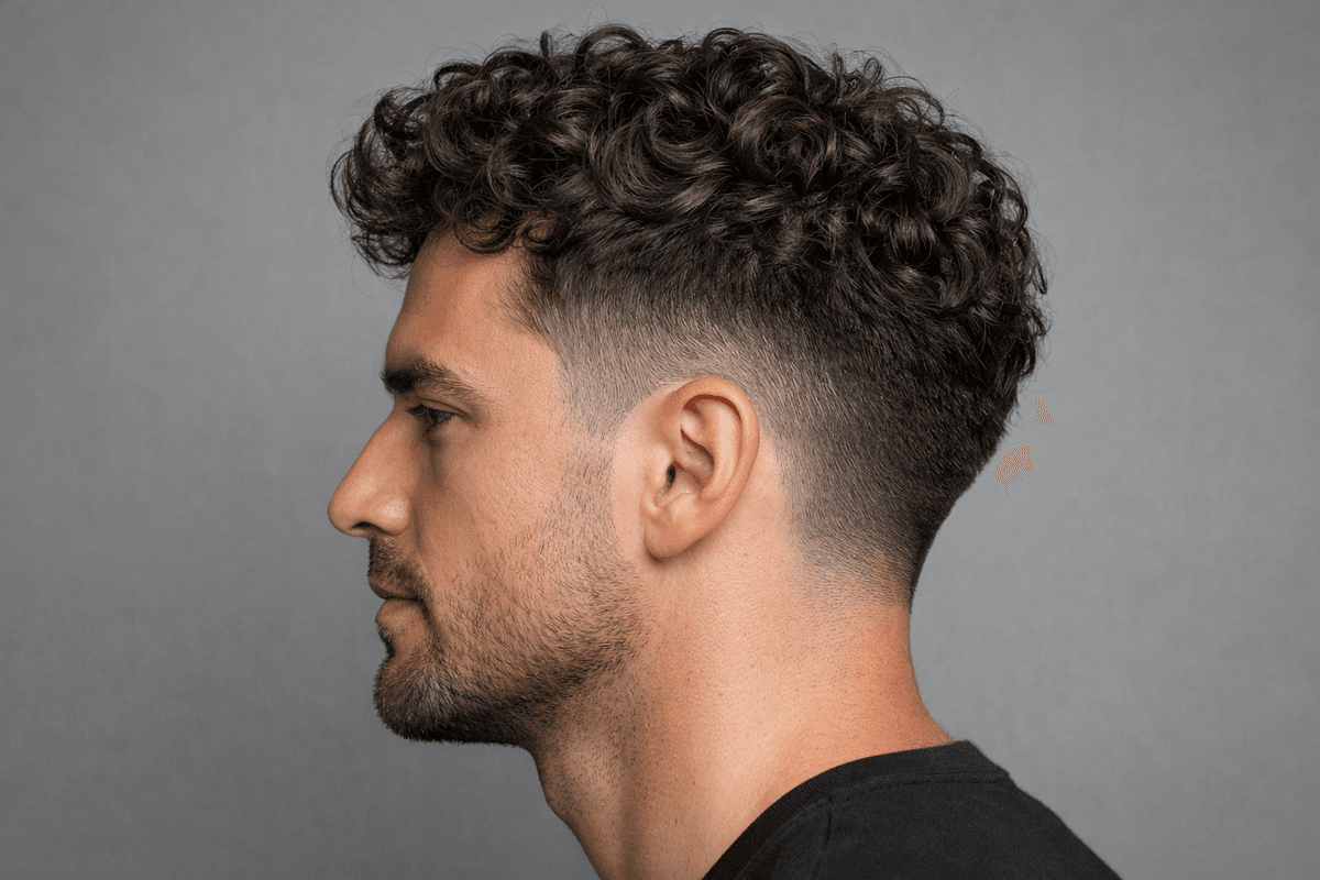Taper curto na têmpora e na nuca com cachos definidos no topo