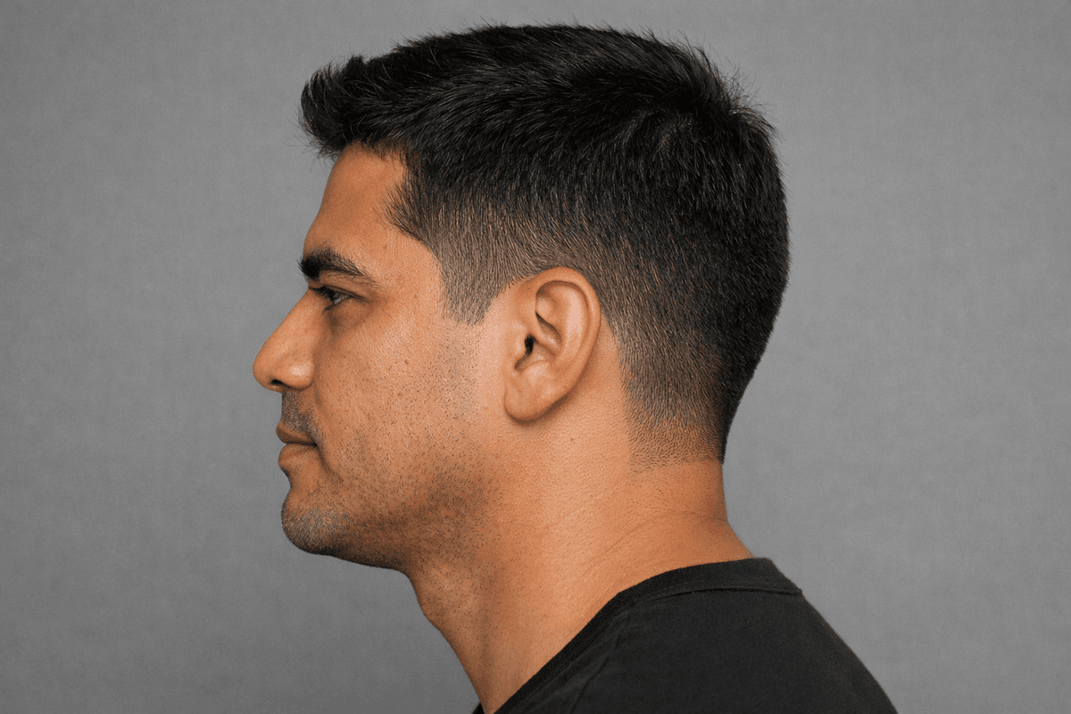 Detalhe de taper na costeleta com cabelo curto na base