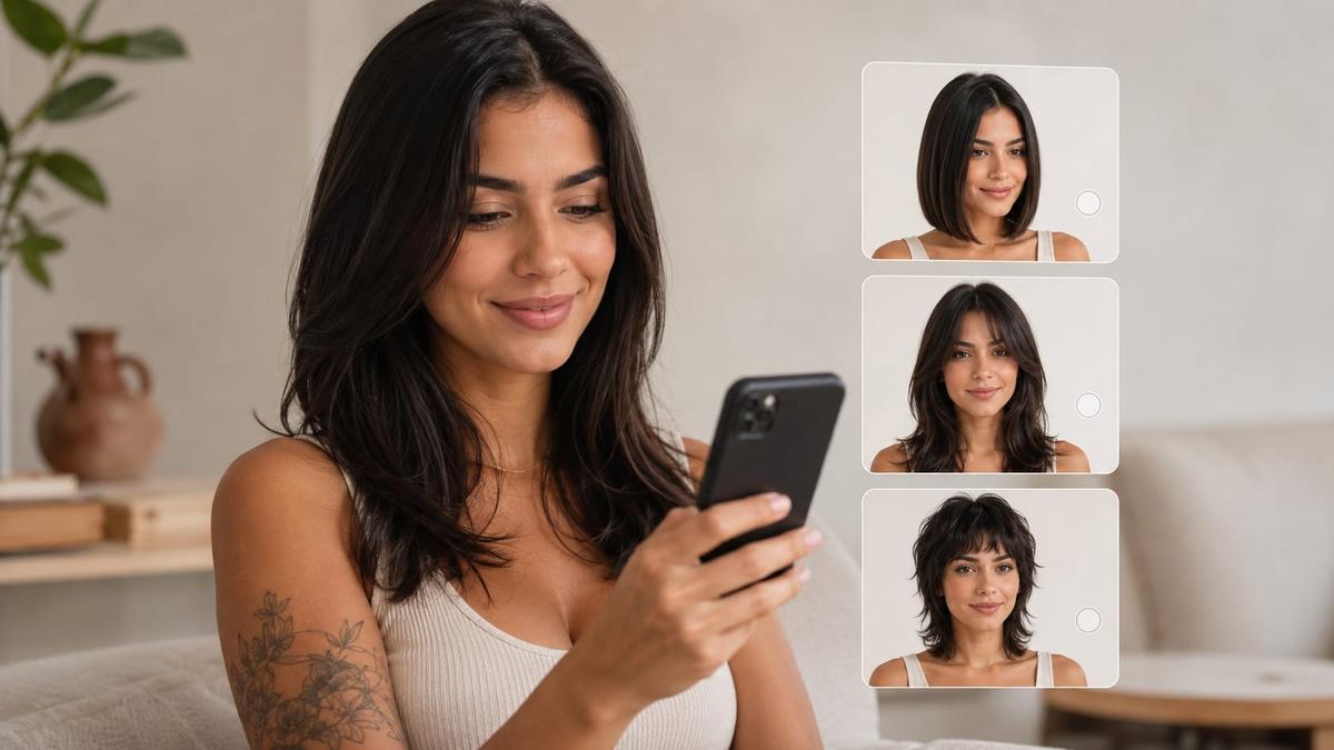 Mulher sorri usando celular com opções de simulação de cortes de cabelo curtos e médios na tela.