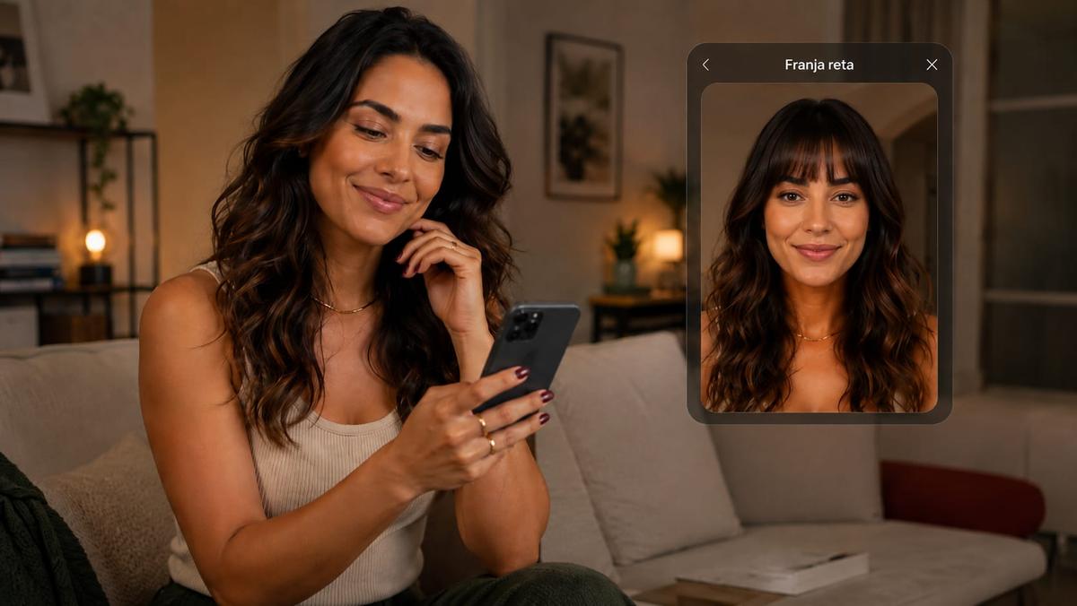 Mulher sorrindo no sofá enquanto olha o celular com simulador de franja ao lado.