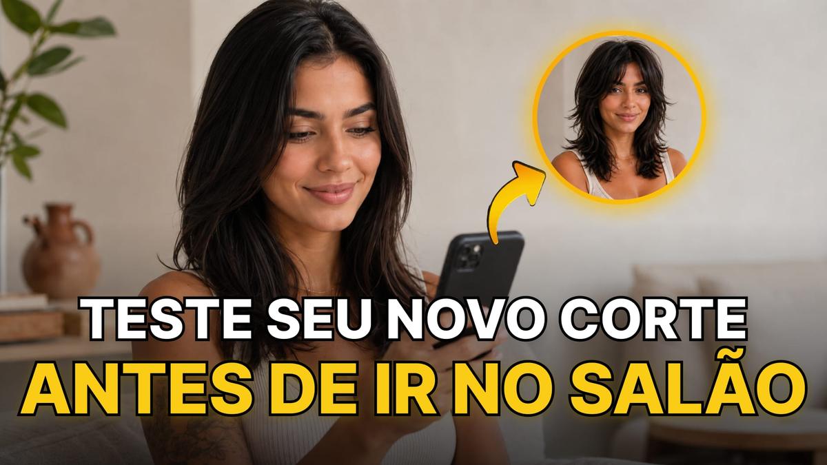 Mulher sorri ao usar celular para testar corte de cabelo online gratis. Texto: Teste seu novo corte antes de ir no salão.