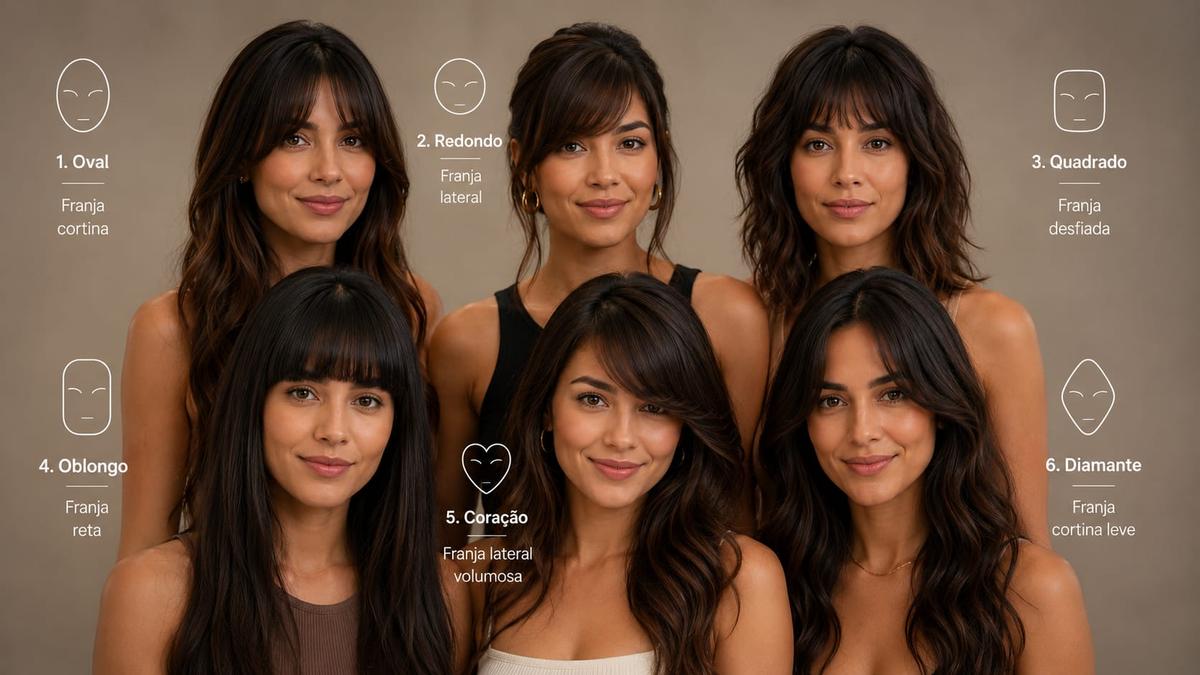 Infográfico com seis fotos de mulheres exemplificando tipos de franja falsa para rostos oval, redondo, quadrado, oblongo, coração, diamante.