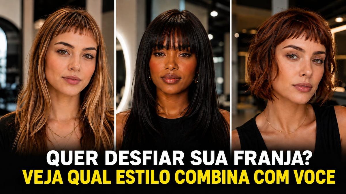 Três mulheres com modelos de franja desfiada e o texto sobreposto: Quer desfiar sua franja? Veja qual estilo combina com você