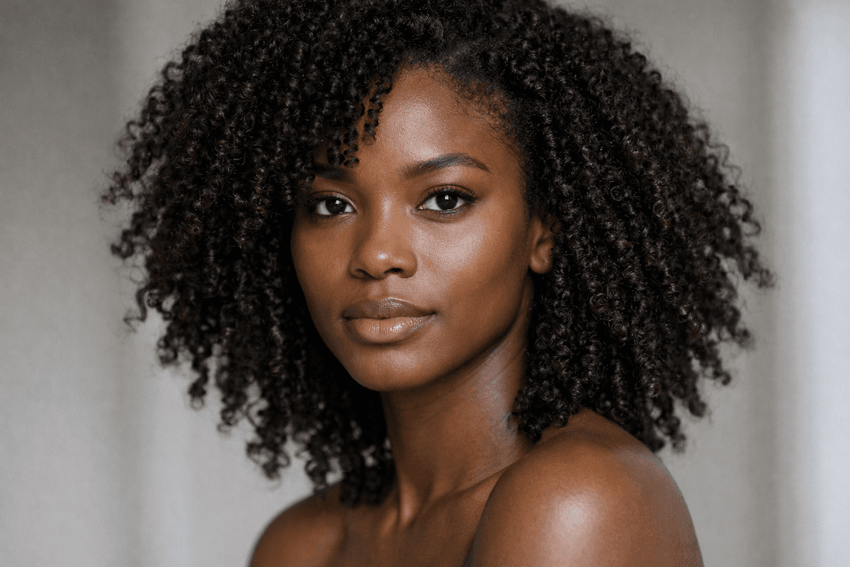 Cabelo castanho escuro em mulher com cachos definidos e brilho natural