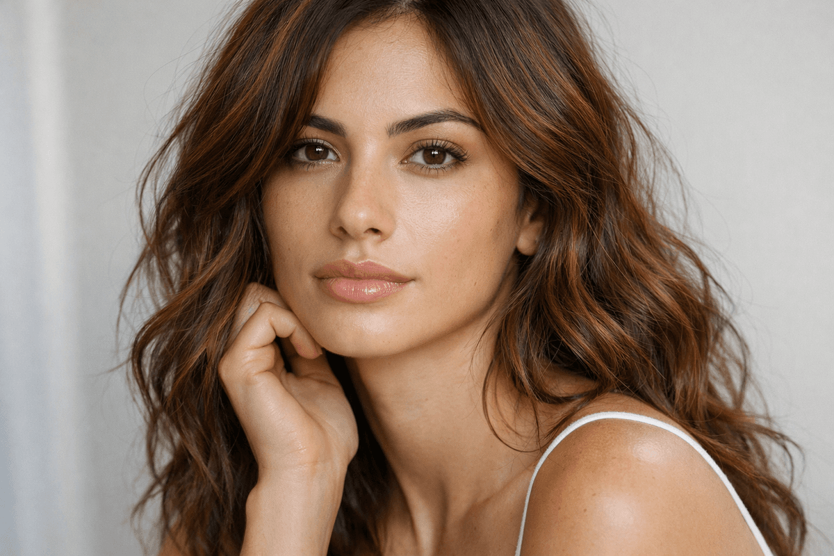 Cabelo castanho acobreado em mulher com ondas e tons alaranjados visíveis