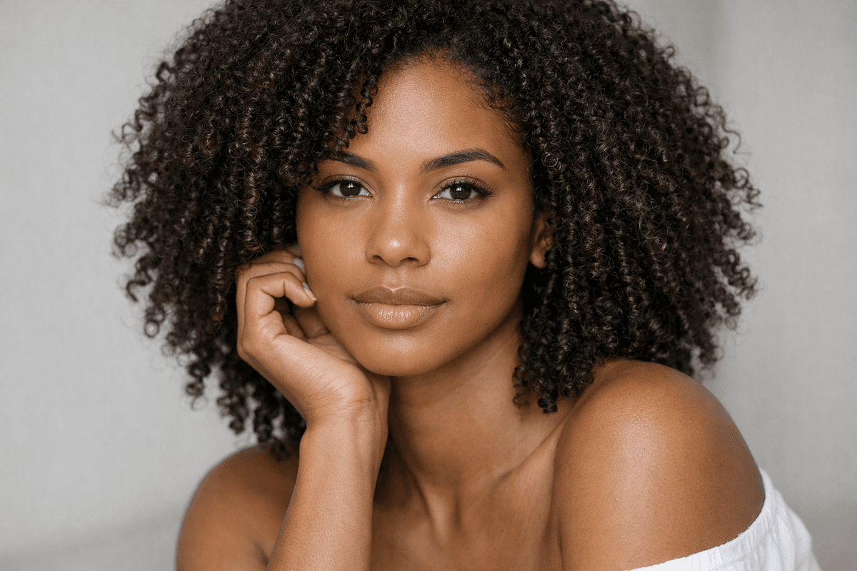 Cabelo castanho em cachos volumosos com textura definida e cor uniforme