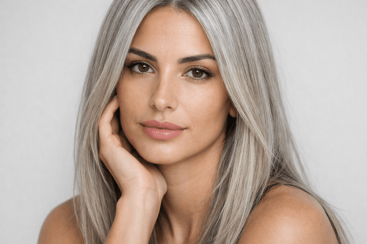 Loiro acinzentado com reflexo prateado e base clara em cabelo liso