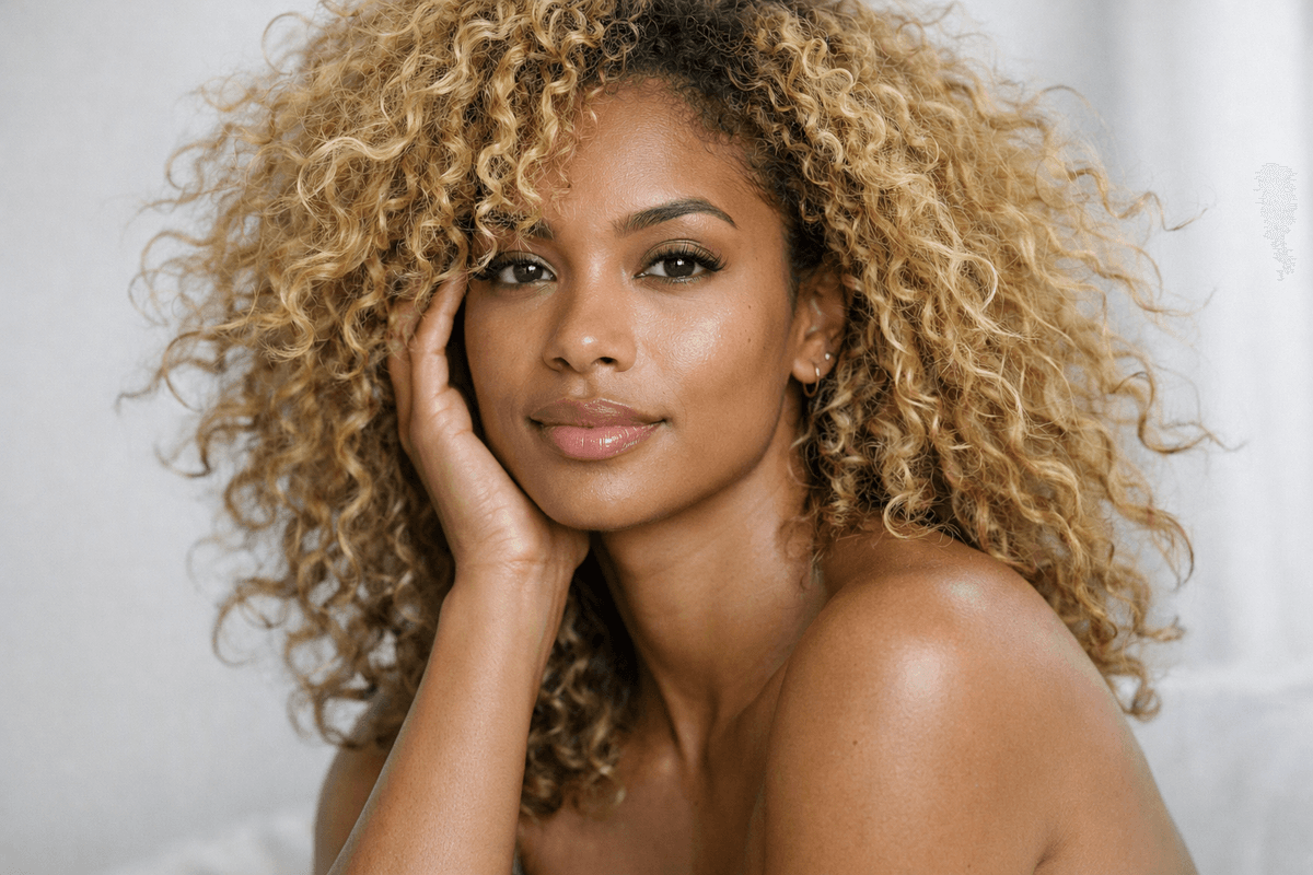 Loiro em cachos volumosos com reflexo natural e movimento