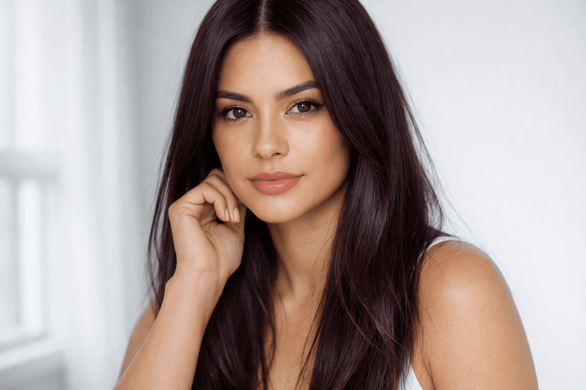 Cabelo marsala vinho com reflexos violeta em mulher sob luz natural difusa