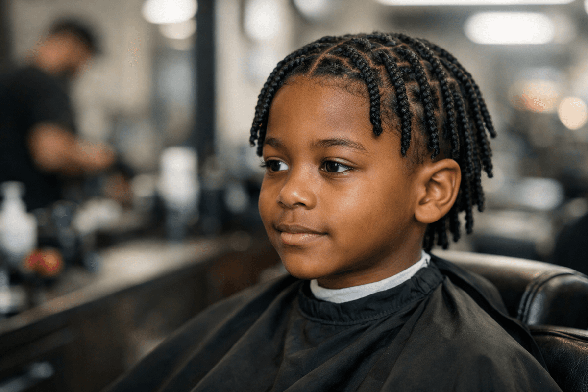 Trança no cabelo infantil em menino de 9 anos com rosto redondo e cabelo crespo