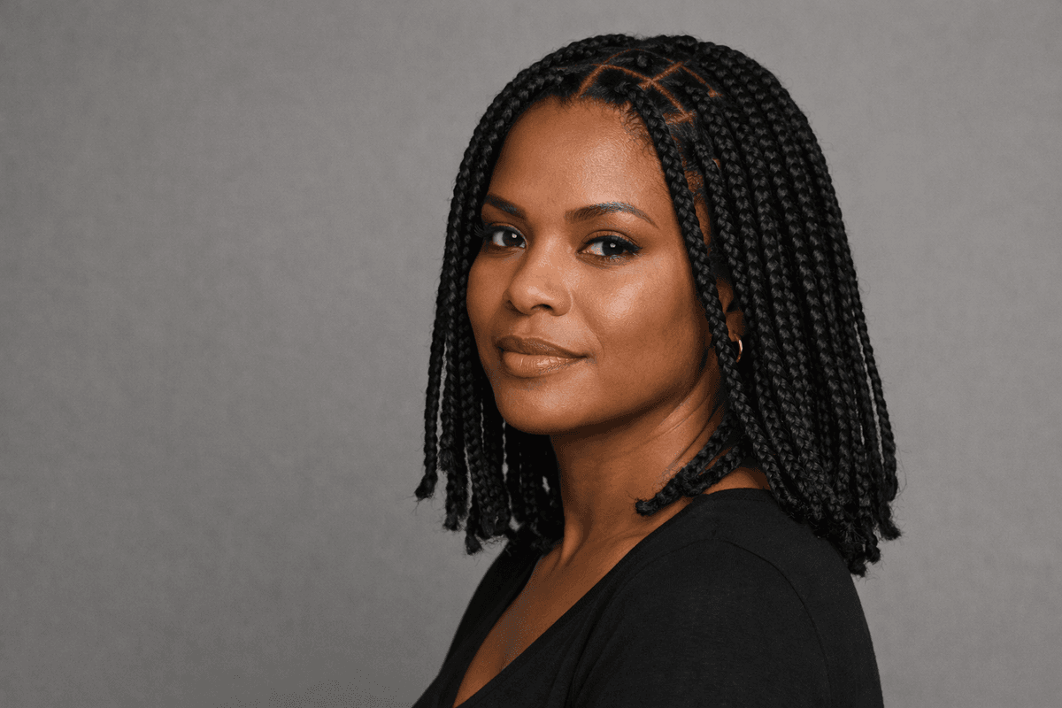 Box braids médias soltas até os ombros em três quartos