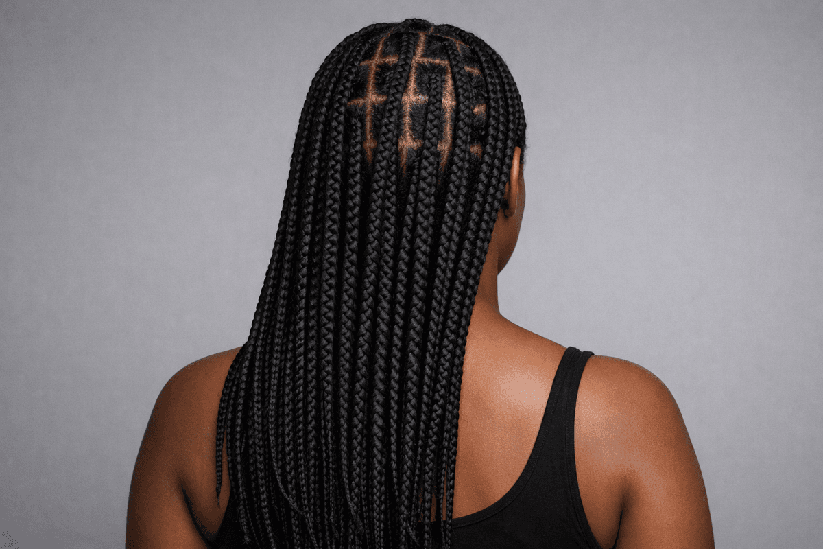 Box braids vistas de costas com repartição em quadrados