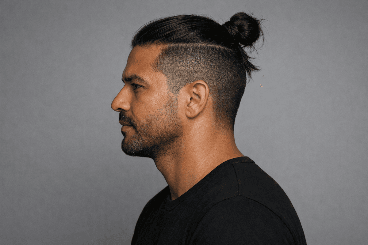 Undercut com topo longo preso em coque