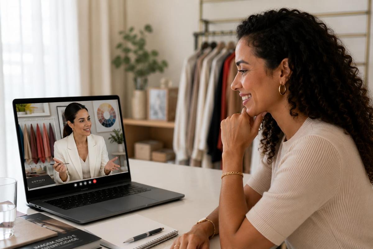Mulher sorridente em videochamada com consultora de imagem que explica conceitos de estilo pelo notebook