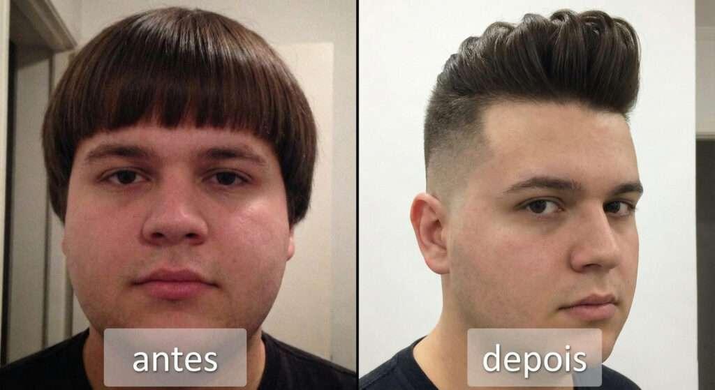 Antes e depois de transformação de visagismo masculino para rosto redondo
