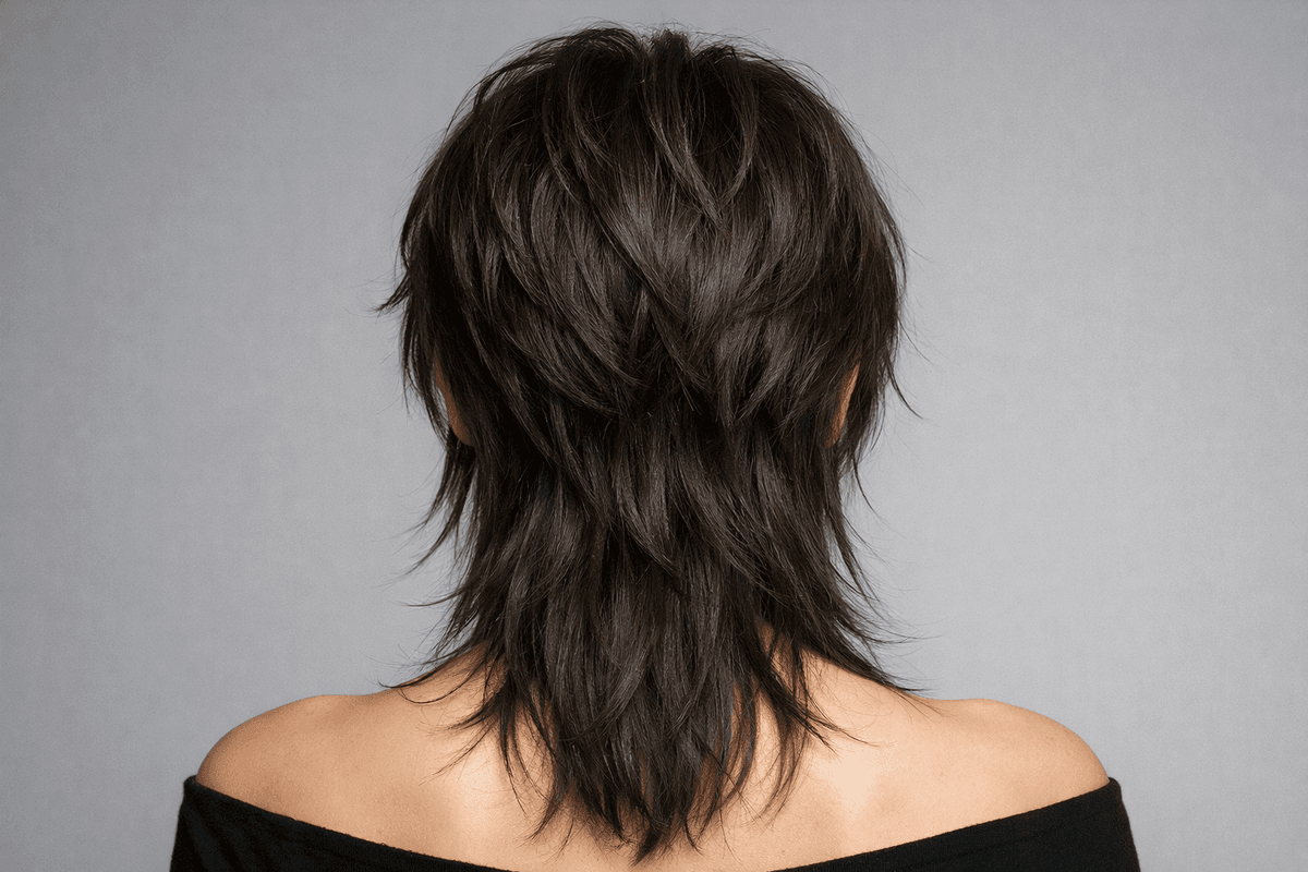 Nuca de wolf cut com comprimento preservado e camadas desfiadas