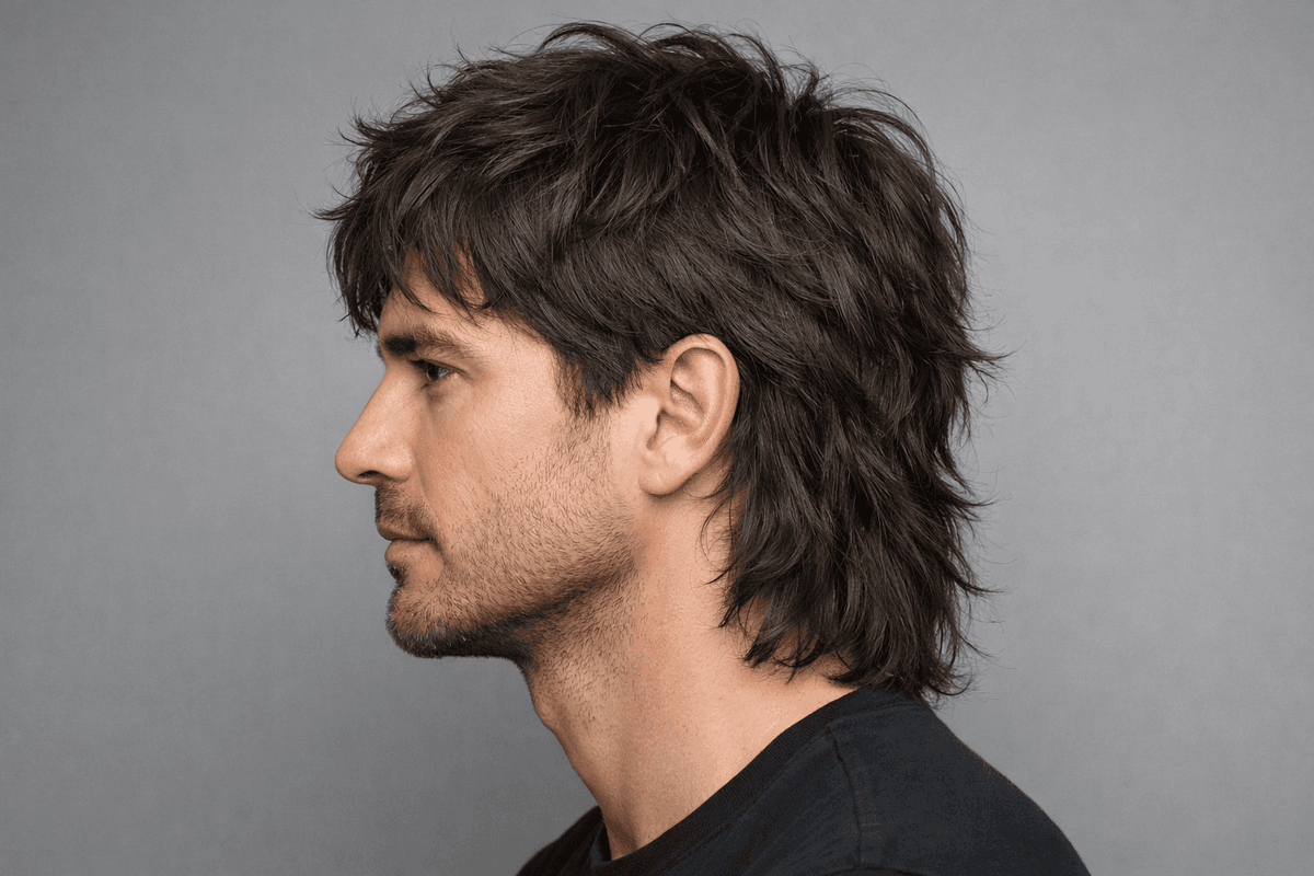 Wolf cut masculino de perfil com laterais em camadas conectadas