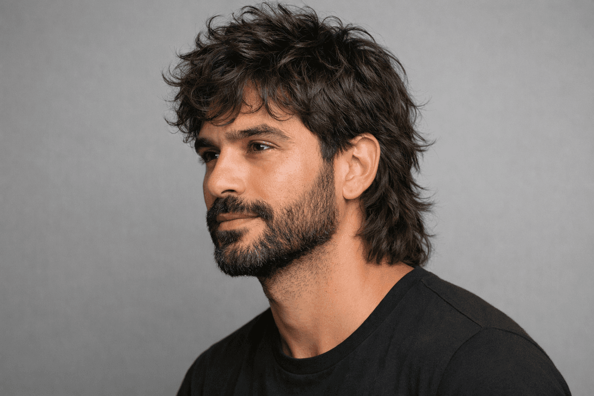 Homem com wolf cut e barba cheia em vista de três quartos