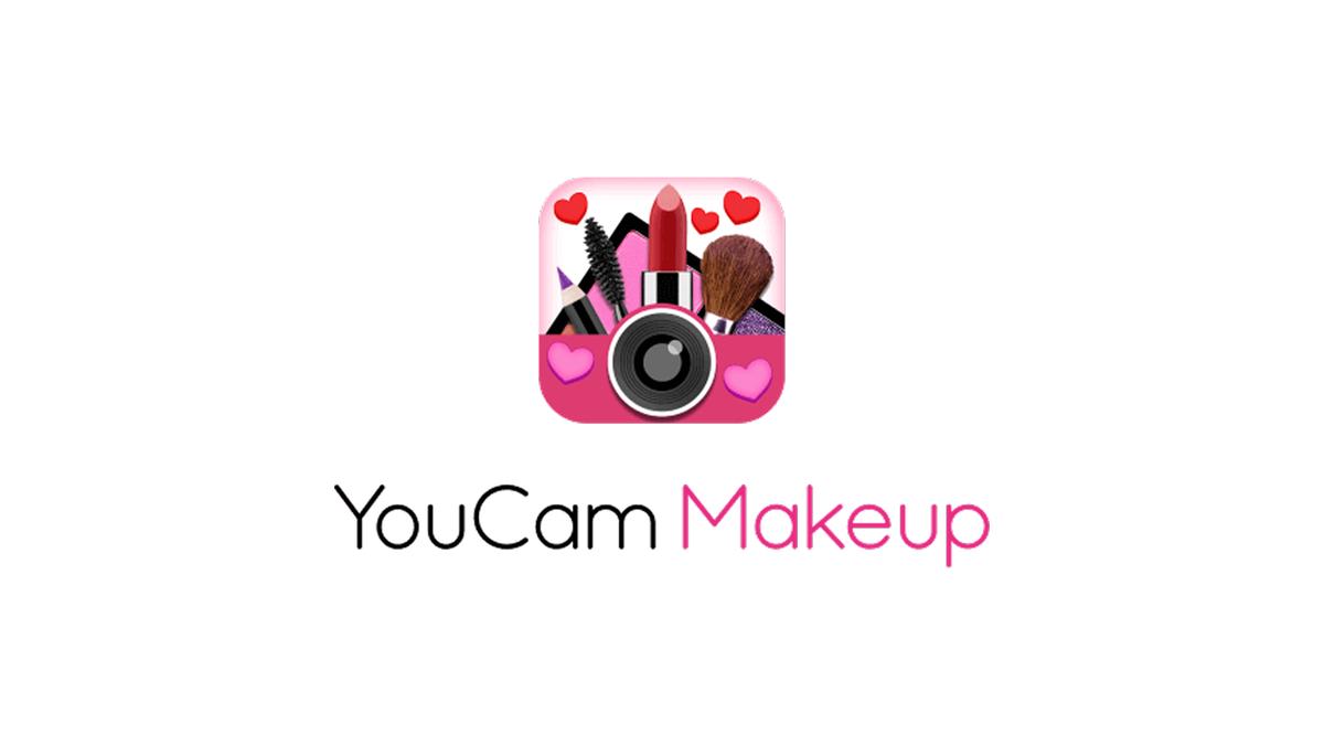 Logotipo oficial com ícone de câmera e maquiagem com o texto escrito YouCam Makeup.