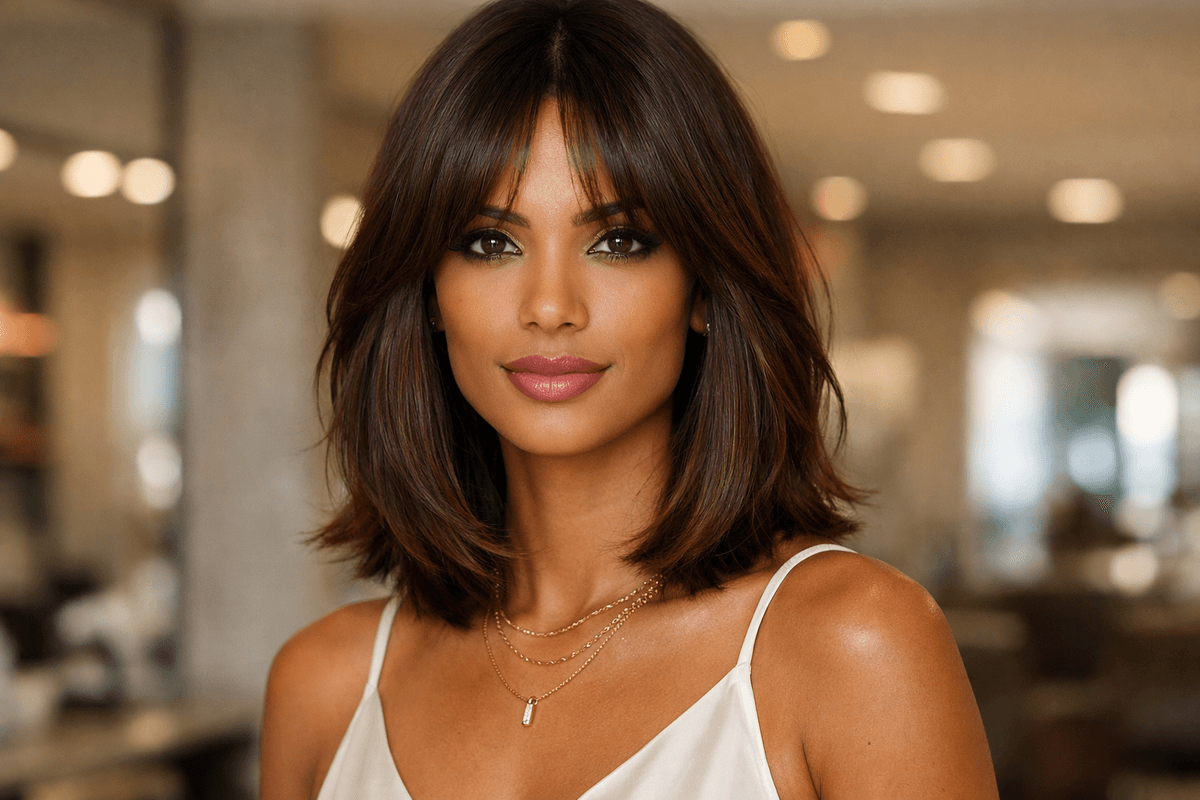 mulher_com_formato_de_rosto_oblongo_com_corte_de_cabelo_longo_com_franja_cortina Franja cortina na altura em mulher brasileira com rosto oblongo